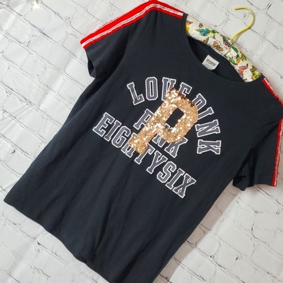 2018 Victoria's Secret PINK Sequin Rhinestone Black Red Tee Tshirt Size Small - Picture 3 of 14